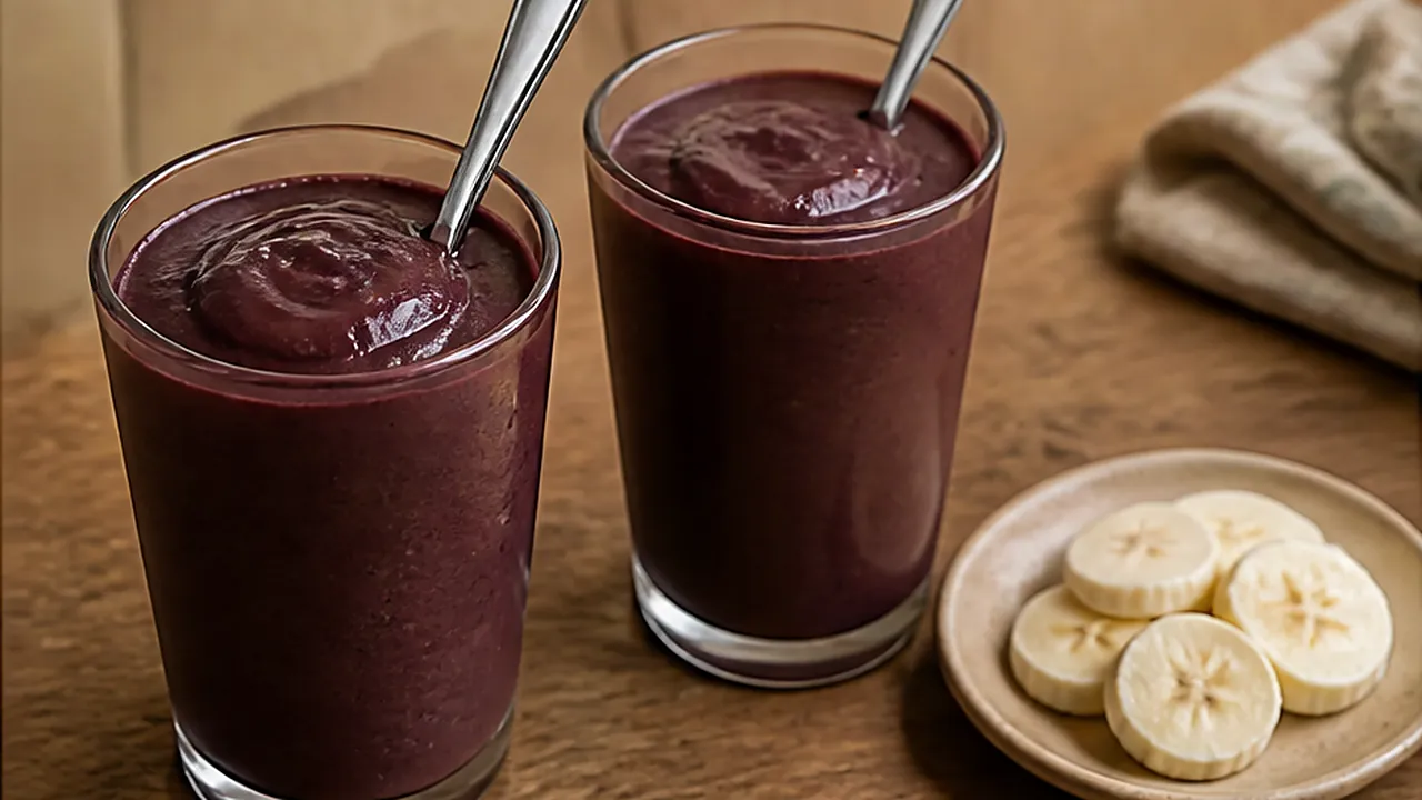 Dois copos com açaí batido grosso, roxo-escuro, com colheres, e um pires com rodelas de banana ao lado.