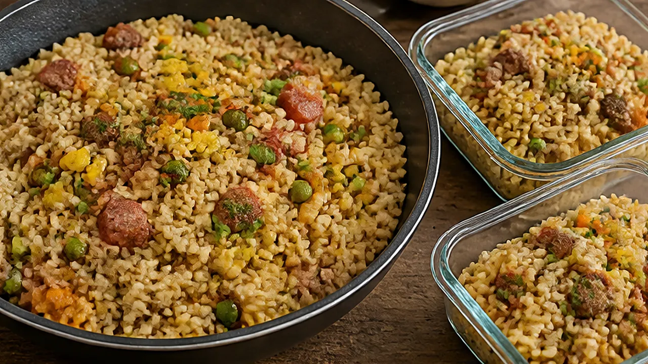 Panela de arroz com linguiça, cenoura, pimentão, ervilha e milho, e potes de marmita com o mesmo arroz ao lado.