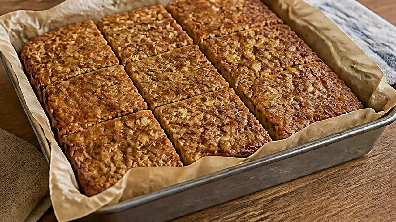 Bolo de banana com aveia assado em assadeira forrada com papel, cortado em quadrados.