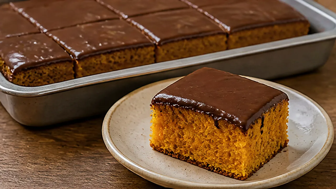 Bolo de cenoura com cobertura de chocolate na forma, cortado em quadrados, e um pedaço num prato.