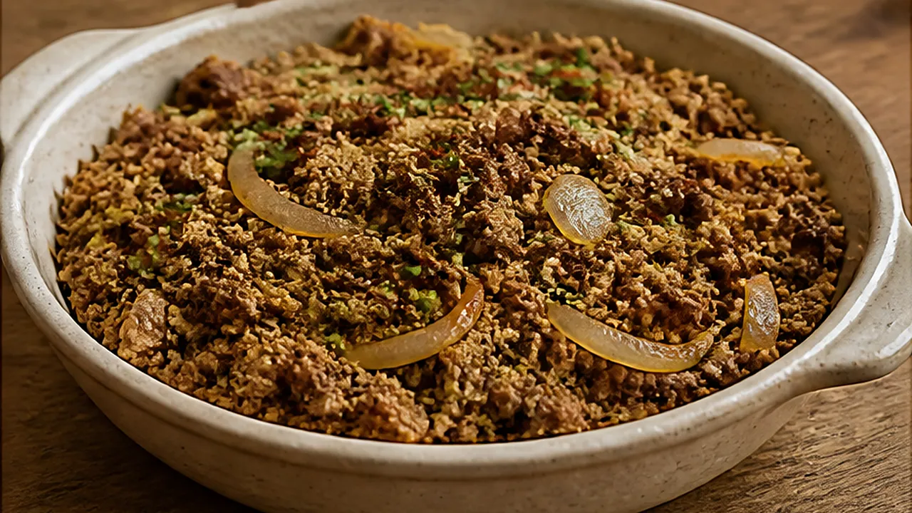 Travessa de cerâmica com charque desfiado refogado com cebola, misturado à farinha de mandioca e salpicado de coentro.