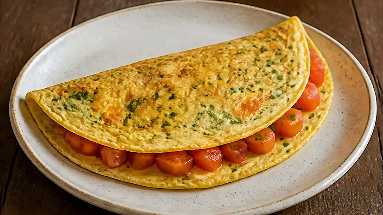 Crepioca dourada com cenoura, abobrinha e cebolinha, dobrada ao meio com tomate dentro, num prato.
