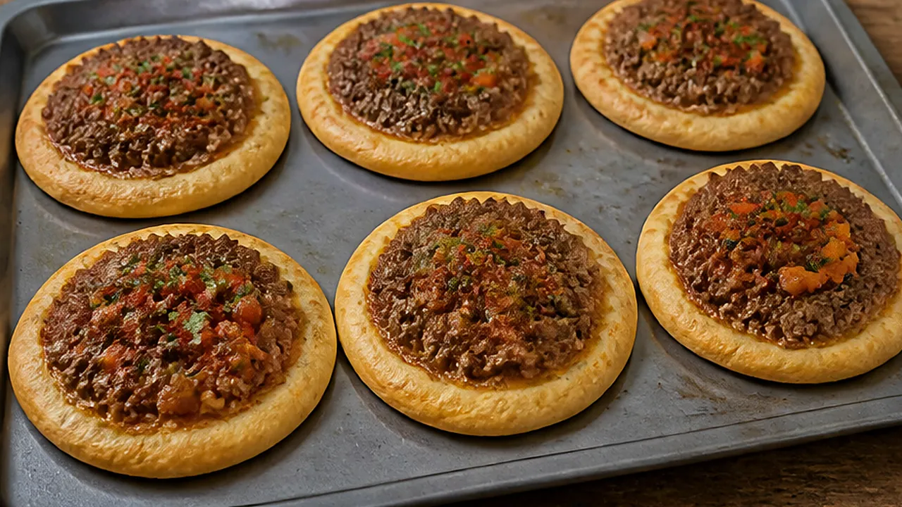 Assadeira com esfihas abertas de borda dourada, cobertas de carne moída com tomate e salsinha.