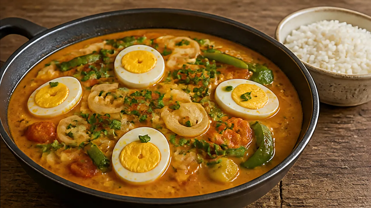 Frigideira com moqueca de ovos: ovos cozidos em rodelas em molho de leite de coco com tomate, cebola e pimentão, e uma tigela de arroz ao lado.