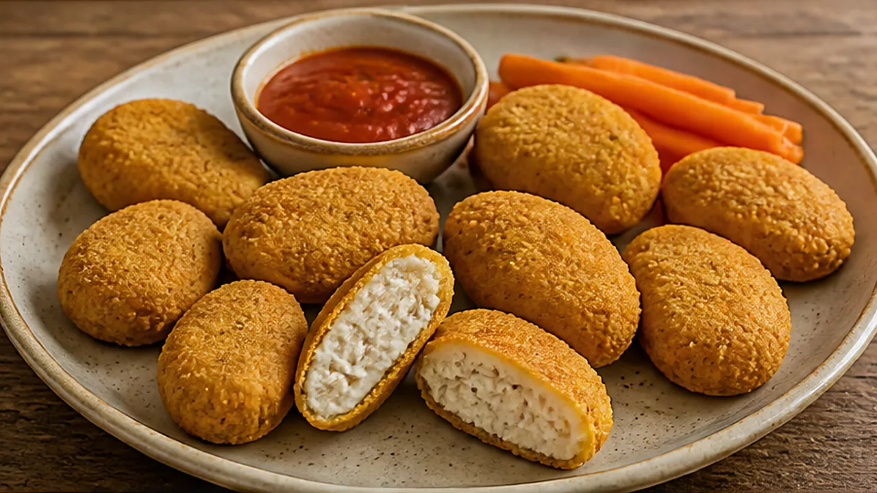 Prato com nuggets caseiros empanados, um partido mostrando o frango branco, molho de tomate e palitos de cenoura.