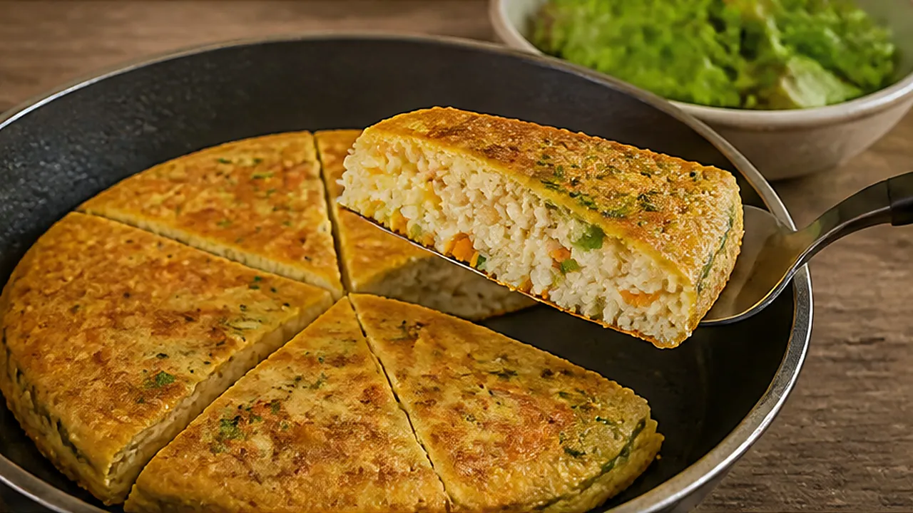 Omelete de arroz cortada em fatias na frigideira, uma fatia levantada mostrando arroz, cenoura e cebolinha, e salada de folhas ao lado.