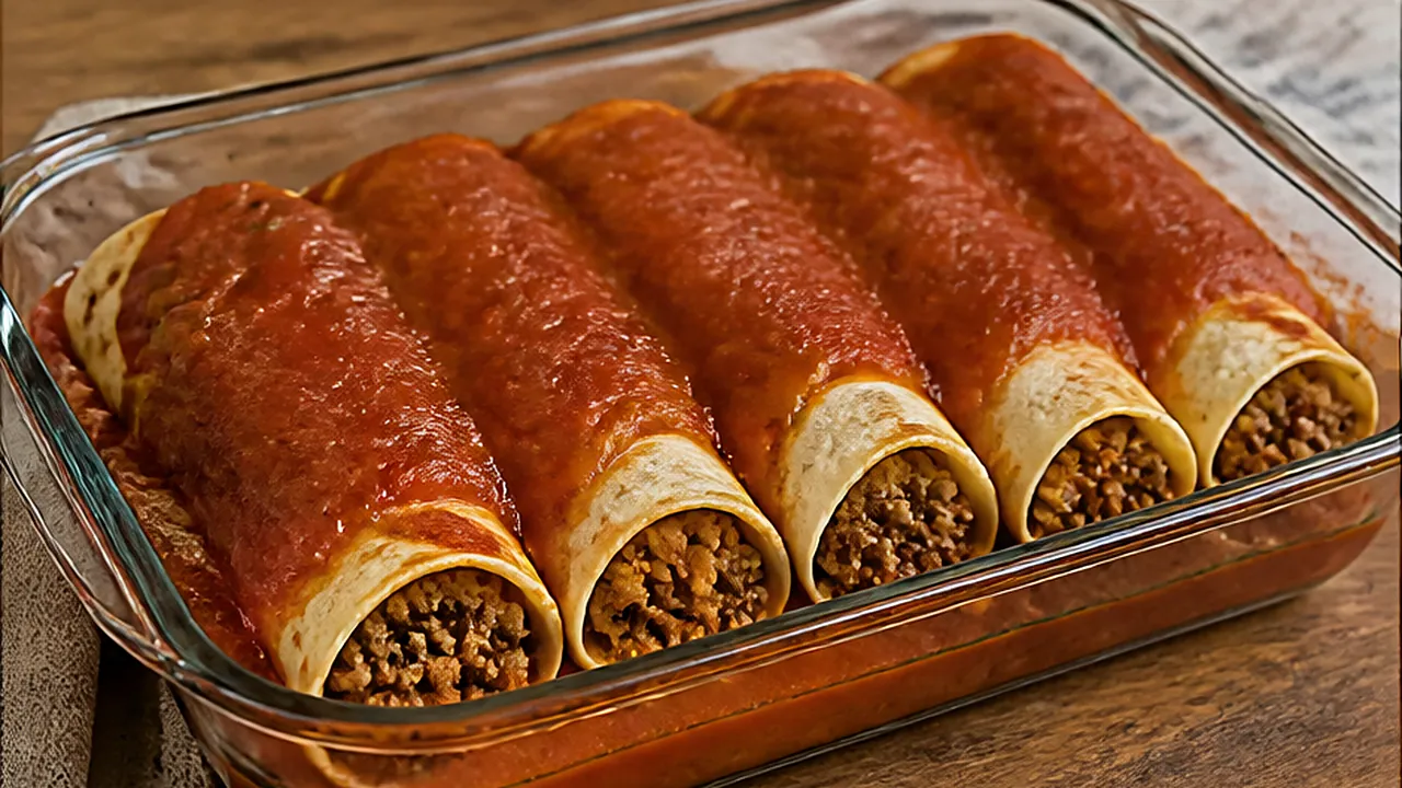 Refratário de vidro com panquecas enroladas, recheadas de carne moída, cobertas de molho de tomate.