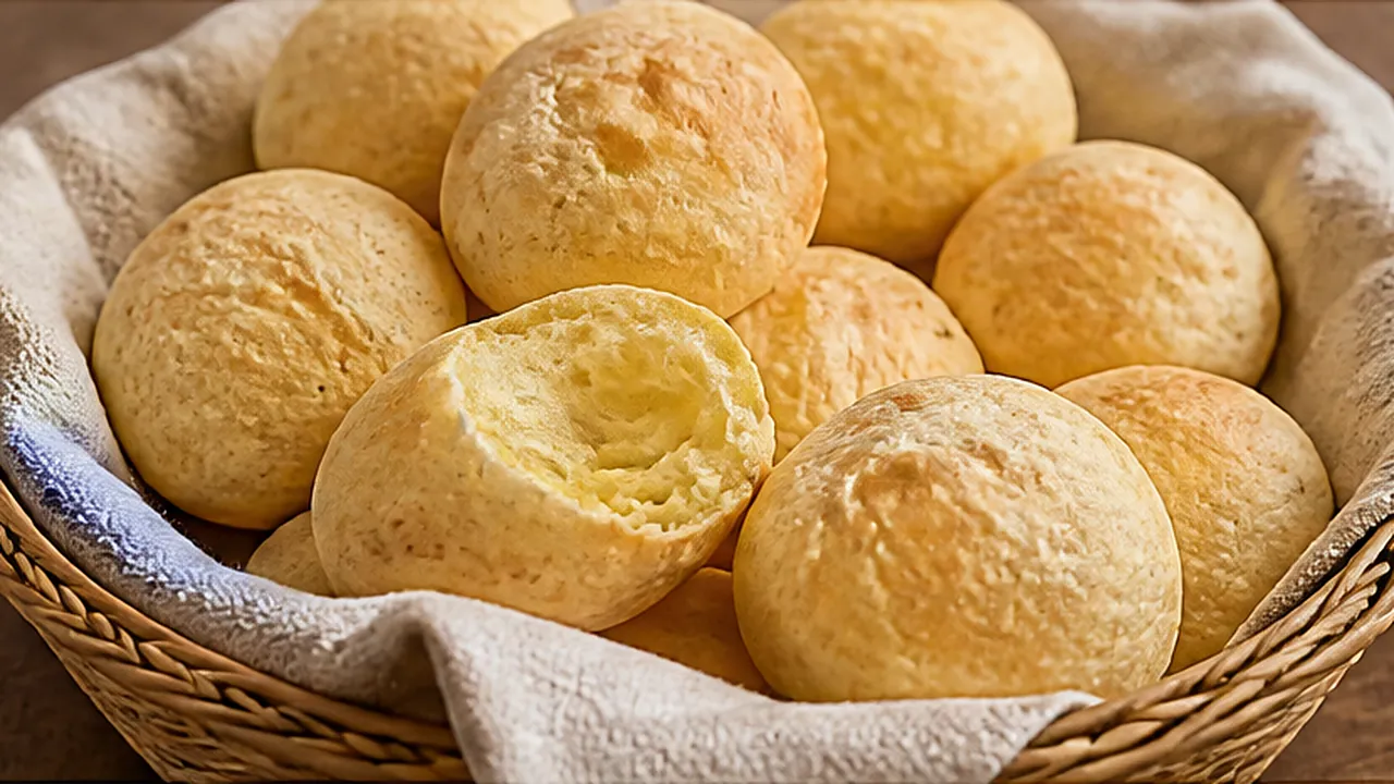 Cesta forrada com pano cheia de pães de queijo dourados, um deles aberto mostrando o miolo.