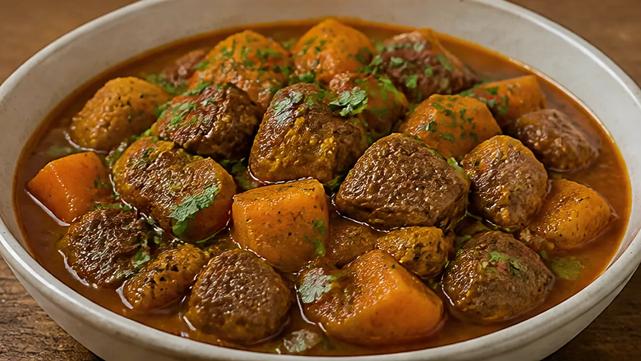 Tigela funda com picadinho de carne e pedaços de jerimum no molho, salpicado de coentro.