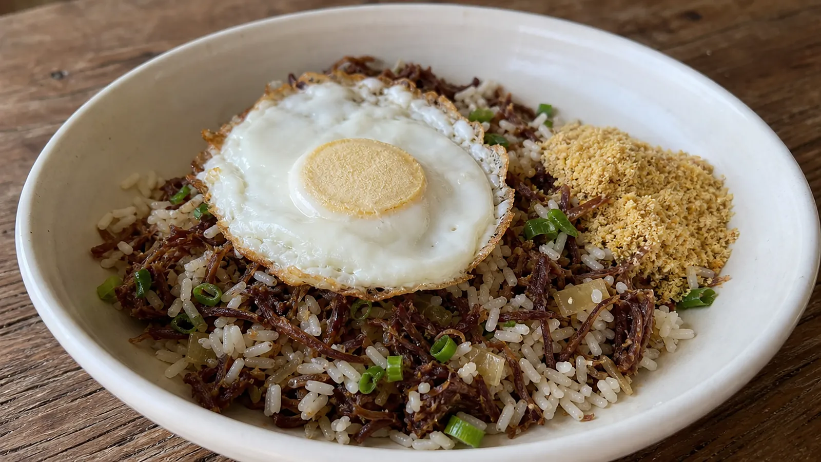 Prato fundo branco com arroz misturado à carne seca desfiada e cebolinha, um ovo frito de gema cozida e firme por cima e farofa de mandioca ao lado.
