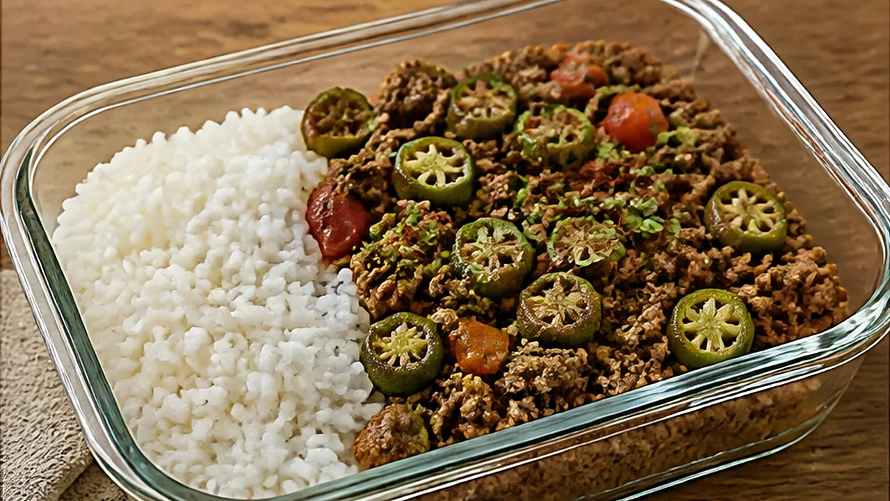 Pote de vidro de marmita com arroz branco de um lado e carne moída com rodelas de quiabo, tomate e coentro do outro.