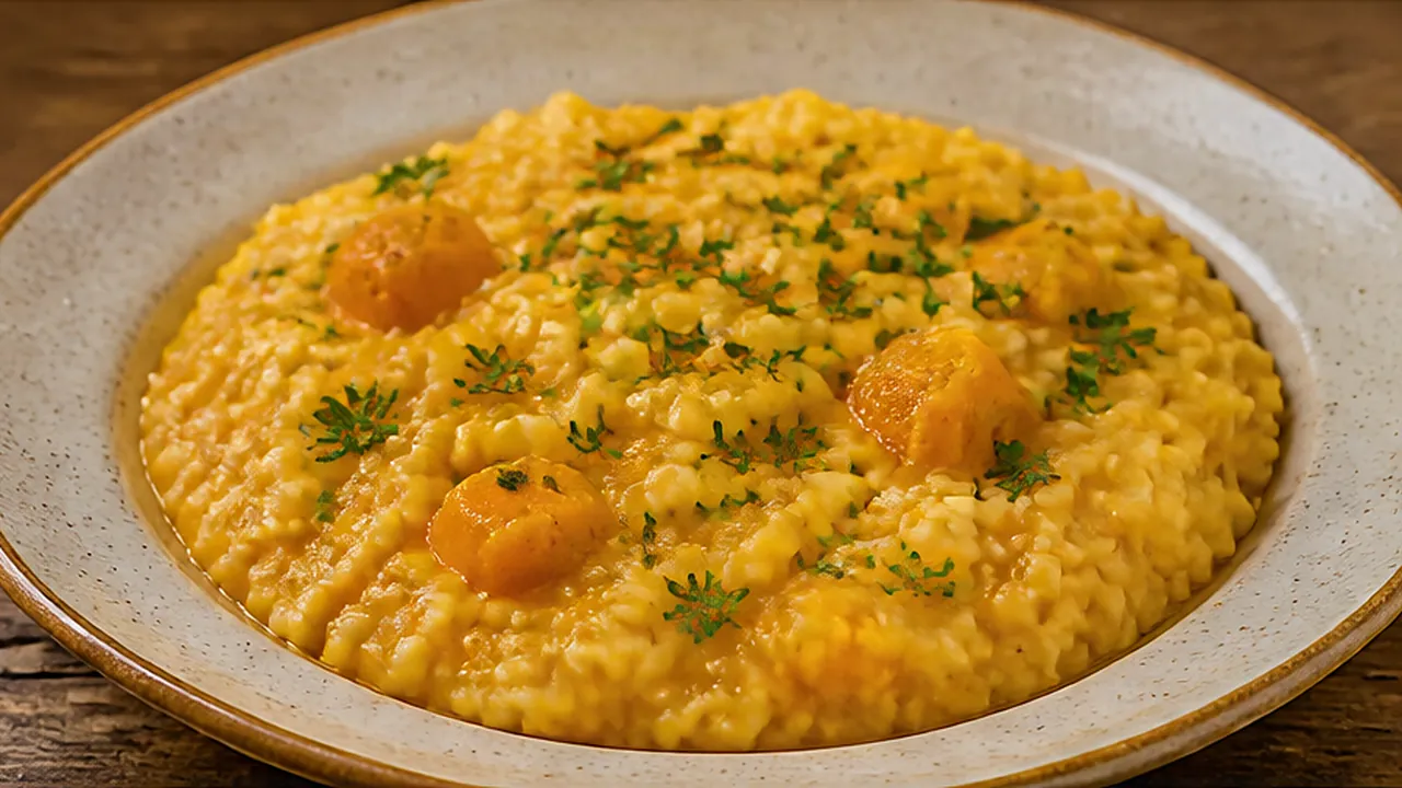 Prato raso com risoto cremoso de abóbora, cubos de abóbora e salsinha.