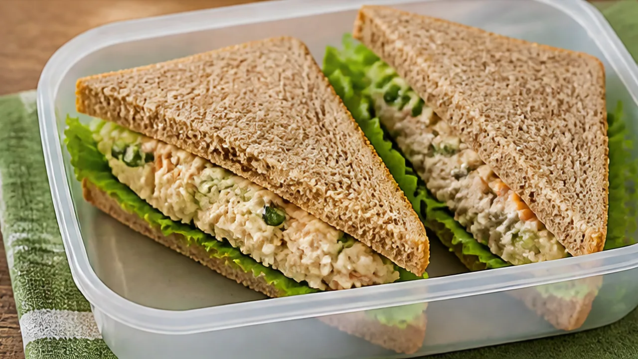 Pote de lancheira com dois sanduíches de pão integral cortados na diagonal, com alface e pasta de sardinha com cenoura.