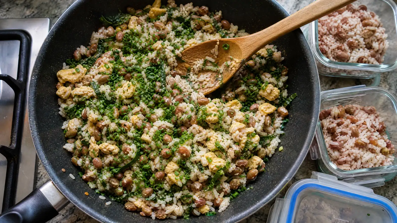 Frigideira com mexido de arroz, feijão carioca, couve e ovo, ao lado de potes de vidro com sobras de arroz e feijão.