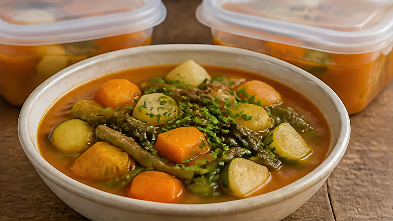Tigela de sopa de legumes com batata, cenoura, abóbora, abobrinha, vagem e couve, com potes da mesma sopa atrás.