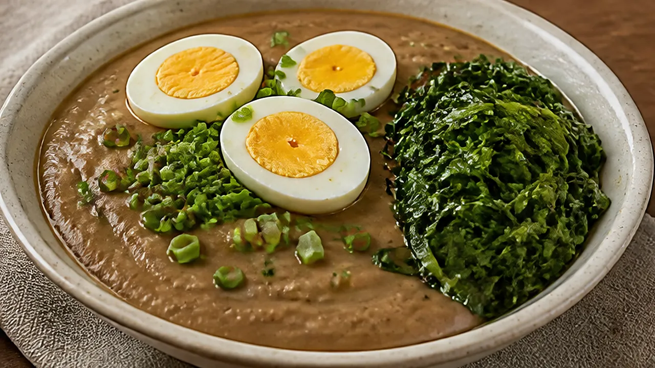 Prato com tutu de feijão cremoso, ovos cozidos cortados ao meio, couve refogada e cebolinha.