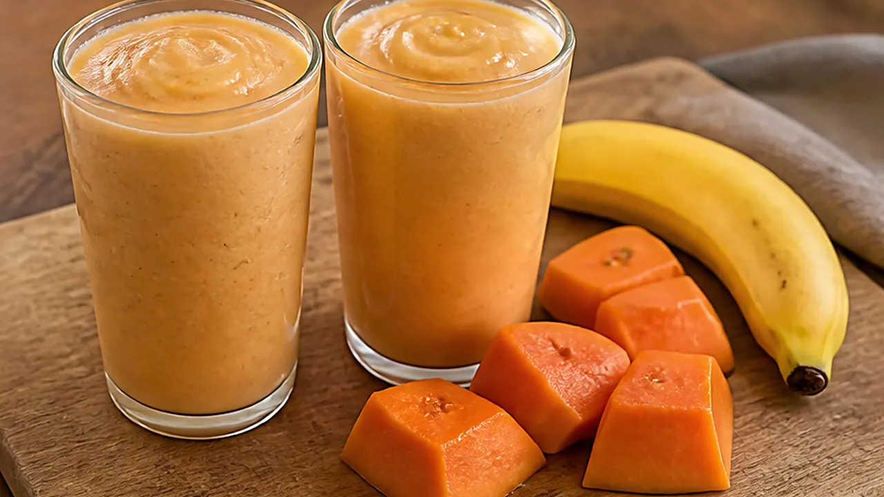 Dois copos de vitamina alaranjada de mamão, banana e aveia, com pedaços de mamão e uma banana na tábua.